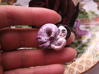 Брошь в технике скульптурной миниатюры "Русалочка - Морская Роза" с натуральным рубином