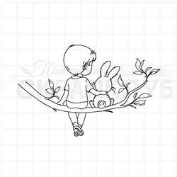 Штамп мальчик обнимающий кролика сидит на ветке дерева