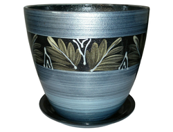 Серо-голубой с черным стильный керамический горшок для комнатных цветов диаметр 12 см с рисунком