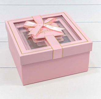 Коробка подарочная с окном и бантиком (розовая), 15*15*6,5см