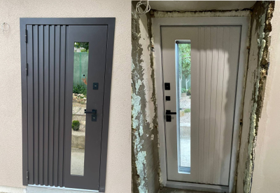 960*2050, ПРАВОЕ ОТКРЫВАНИЕ. ТЕРМОРАЗРЫВ. КРОНОС МУАР Ral 8019 (КОРИЧНЕВЫЙ) - СОФТ БЕЛЫЙ СНЕГ/ СТЕКЛОПАКЕТ.