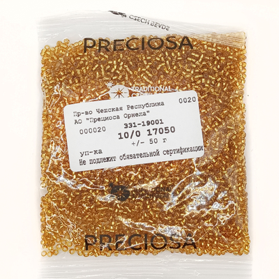БИСЕР PRECIOSA 10/0 - 50г - 17050 ПРОЗРАЧНЫЙ С СЕРЕБРЯНОЙ ЛИНИЕЙ ВНУТРИ ЗОЛОТИСТЫЙ (ОГОНЁК)