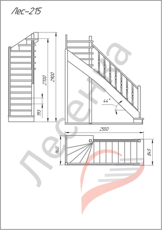 Деревянная межэтажная лестница ЛЕС-215 поворот 90°