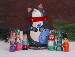 Матрёшка «Котик» с ёлочными деревянными игрушками, 7шт