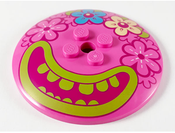 Dish 6 x 6 Inverted Radar - Solid Studs with 4 Flowers and Large Magenta Mouth, Lime Lips and Teeth Pattern, Dark Pink (44375bpb13 / 6294392)