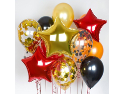 "ЗОЛОТАЯ РАПСОДИЯ"  (комплект включает в себя три фольгированные звезды, семь обычных латексных шара, три шара с конфетти и оформление по желанию в фонтан).