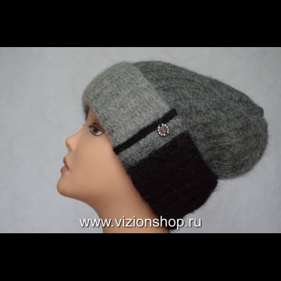 Серая женская шапка с отворотом Италия Vizio вязаная  из альпака и мохера фото