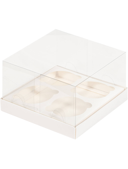 Коробка на 4 капкейка с прозр. куполом ПРЕМИУМ (белая), 160*160*100мм
