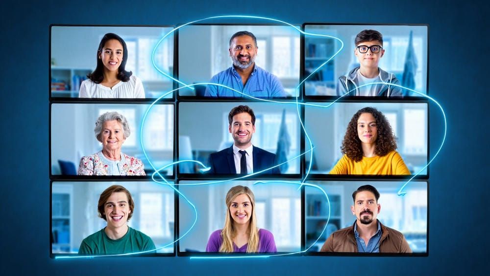 Сетка видеозвонка, где в каждом окне видны люди, соединенные светящимися линиями