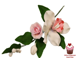 Украшение сахарное ветка Орхидея  с розовой розой, МИНИ 12см