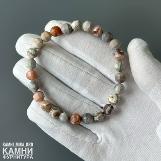 Браслет "Розовый агат Ботсвана" агат бежево-розовый с серыми и оранжевыми оттенками, форма бусин фонарик 6,8-7,2 мм, цена за штуку