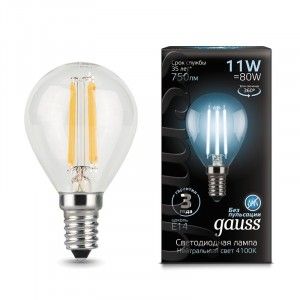 Gauss Filament Шар G45 E14 11W 750lm 4100K 4K прозр. филамент (нитевидная) 105801211