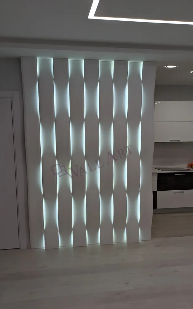 Смонтированная световая 3d панель "LightWave". г.Москва. Монтаж наш. Использована подсветка с холодным светом (6500к). Раскладка панелей стандартная - "Checkmate".