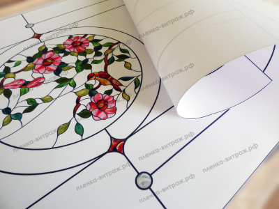 Витражная пленка, витражная пленка самоклеющаяся под заказ,пленочный витраж флора с птицами