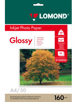 Односторонняя Глянцевая фотобумага Lomond для струйной печати, A4, 160 г/м2, 50 листов.