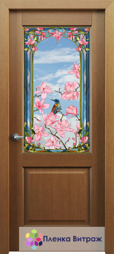 Витражная пленка, витражная пленка самоклеющаяся под заказ,пленочный витраж с магнолией и птицами