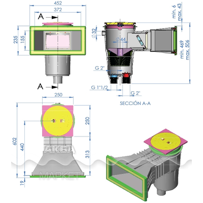 Скиммер универсальный из ABS-пластика Astral 17,5 л, с квадратной крышкой, широкий, PARKER