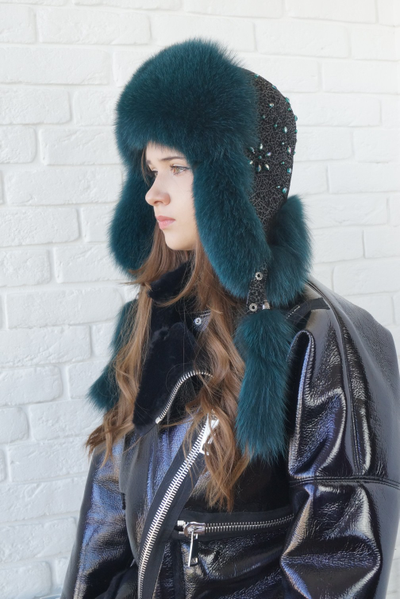 Ушанка "Полярная звезда" цвет черный + изумруд (копия)