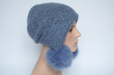 Женская вязаная фиолетовая шапка ушанка Визио