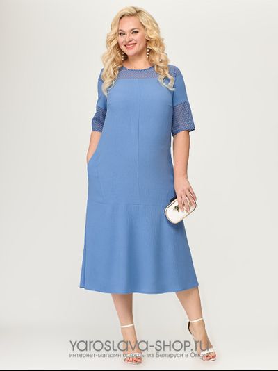 Нарядное платье голубого цвета шифон с ажурной вышивкой