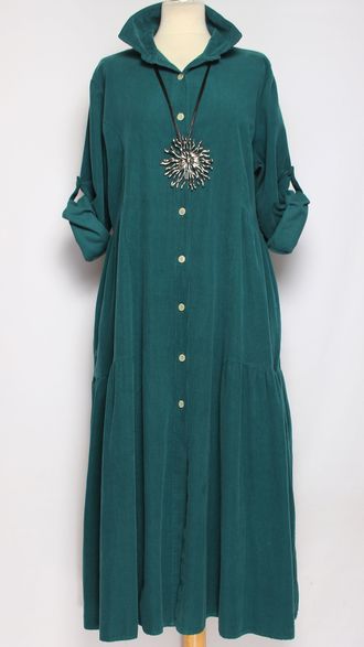 Платье-рубашка Бохо "Вельвет карманы ярусы" изумруд, бирюза до р.52