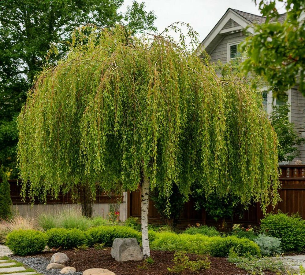 ландшафтный дизайн участка-береза в саду