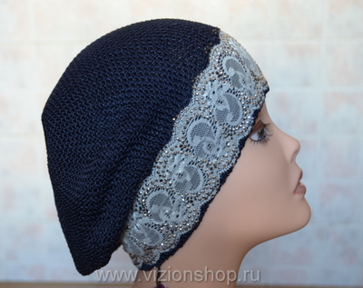 вязаный темносиний берет с тесьмой купить