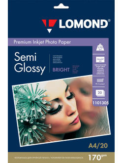 Полуглянцевая ярко-белая (Semi Glossy Bright) микропористая фотобумага Lomond для струйной печати, A4, 170 г/м2, 20 листов.