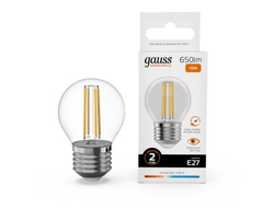 Лампа светодиодная Gauss Elementary Filament Шар Е27 10W(650lm) 2700К 76х45 прозр, стекло, нитевид 52210