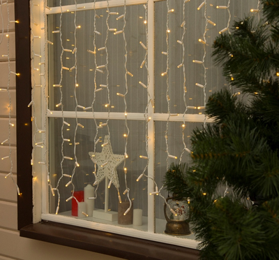 Гирлянда занавес уличная 2 х 1.5 м, 360LED, IP65, 220V, нить белая, свечение белое, тепло-белое.