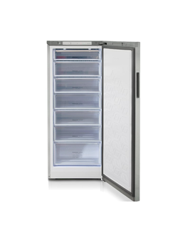 Вертикальная морозильная камера, цвет серебристый, семь выдвижных ящиков.