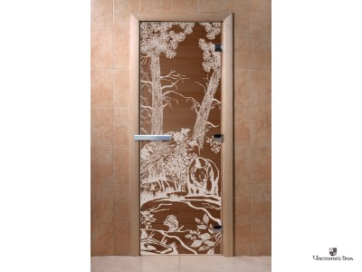 Дверь стеклянная для бани и сауны "Мишки" Бронза матовая 8мм Ольха 1900*700