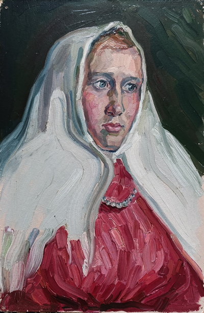 "Девушка в шапке" картон масло Тимкина Т.Е. 1980-е годы