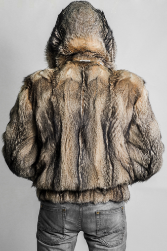 Шуба куртка пилот мужская зимняя с капюшоном, натуральный мех волк арт. Ми-002