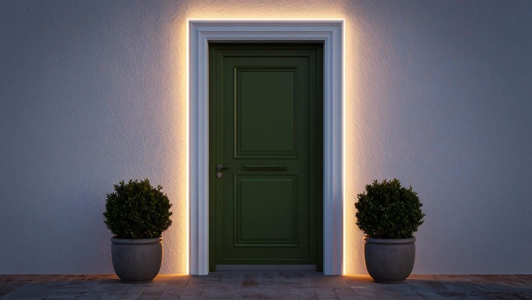 Элегантный вход с рамой‑наличником, симметричными кашпо и мягкой подсветкой вечером