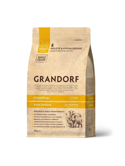 Grandorf (Грандорф) сухой корм для стерилизованных кошек и кастрированных котов 4 мяса с пробиотиками, 400 г