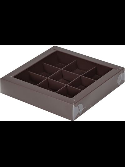 Коробка для 9 конфет с прозр. кр. (шоколад), 155*155*30мм