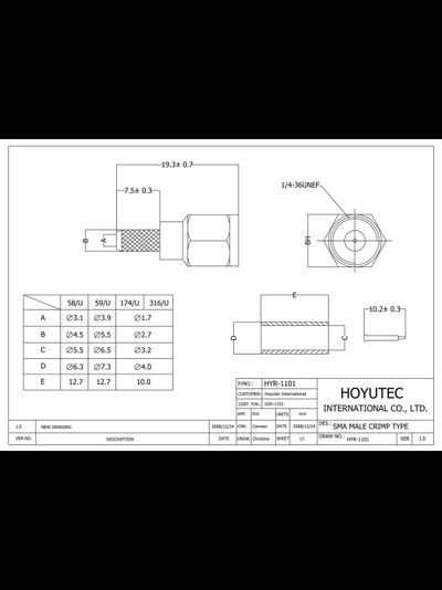 Разъем SMA, штекер, RG-58, обжим (Crimp) HYR-1101A (GSA-1101A) (SMA-7801A) (SMA-C58P)(S-M111F),