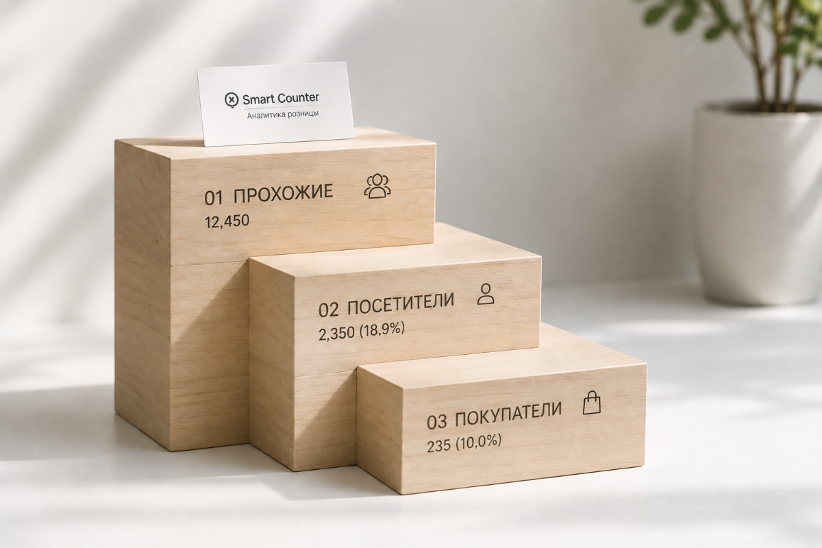 Ступенчатая воронка продаж розничного магазина от прохожих и посетителей до покупателей
