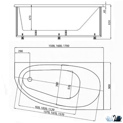 Ванна Azario Kapris 170x90 см AV.0061170, акриловая, правая асимметричной формы