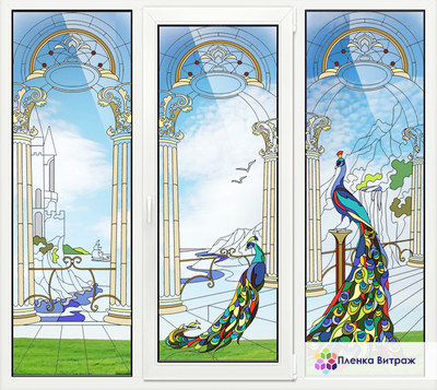 витраж с павлинами,витражная пленка самоклеющаяся с рисунком под заказ