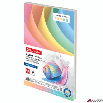 Бумага цветная BRAUBERG, А4, 80 г/м2, 100 л., (5 цветов х 20 листов), пастель, для офисной техники. 112460