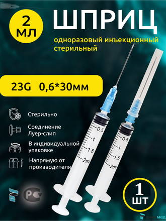 Шприц инъекционный 3х компонентный 3РС 2мл с иглой 23G 0.6х30мм, Китай