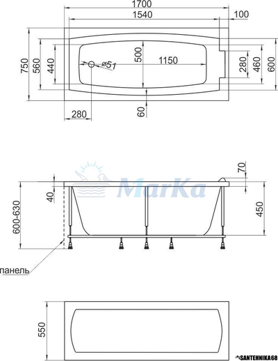 Ванна акриловая Марка №1 АЭЛИТА 1,5*0,75 1,7*0,75 1,8*0,80 (каркас+панель)
