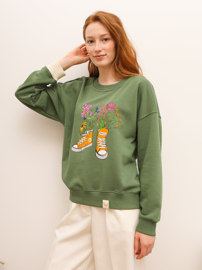 ЖЕНСКИЙ СВИТШОТ ОЛИВА "ЦВЕТОЧНЫЕ КЕДЫ"