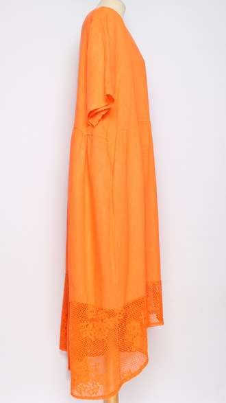 ПЛАТЬЕ БОХО ЛЬНЯНОЕ " АЖУРНОЕ КРУЖЕВО" фуксия, оранж, св.бежевое, желтое до р.54