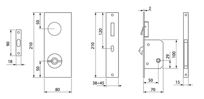 Комплект ручек SIMPLE-S для раздвижной двери + замок с WC-заверткой Цвет - Хром