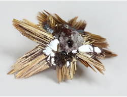 Редкость! Рутил свободного роста, сростки "звезды" золотистых игольчатых кристаллов на кристаллах гематита, Бразилия (24*17*15 мм, 1,4 г) №37918