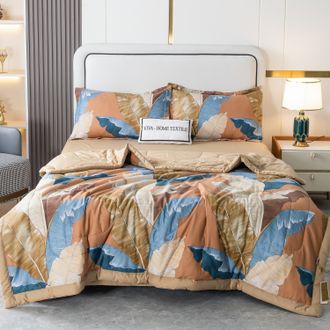 Комплект постельного белья Евро сатин простынь на резинке с одеялом покрывалом рисунок Перья  OBR100