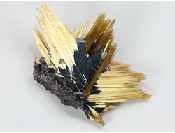 Редкость! Рутил свободного роста, сростки "звезды" золотистых игольчатых кристаллов на кристаллах гематита, Бразилия (28*20*8 мм, 2,5 г) №37917